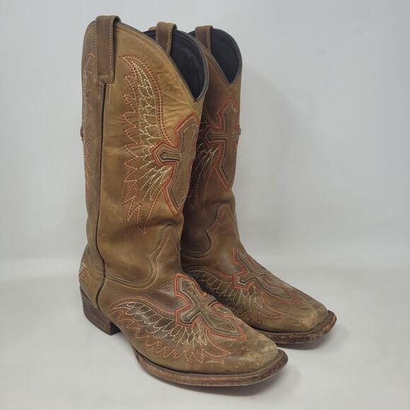 Pecos Bill Boots Mens 9D Brown Leather Square Toe Western Cowboy Cross - Picture 1 of 13